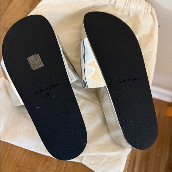 Tory Burch Silver Slides with Gold Detail - Picture 6 of 6